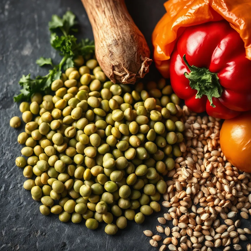 Detailed close-up of fresh organic vegetables, green lentils