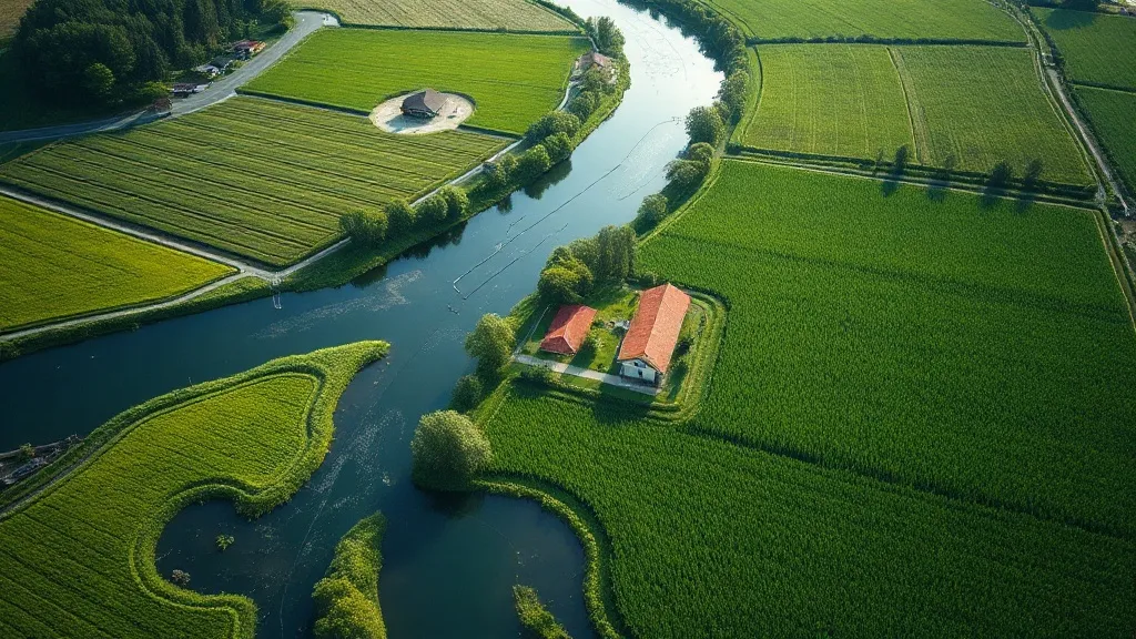 Aerial view of sustainable green farm fields and clean water