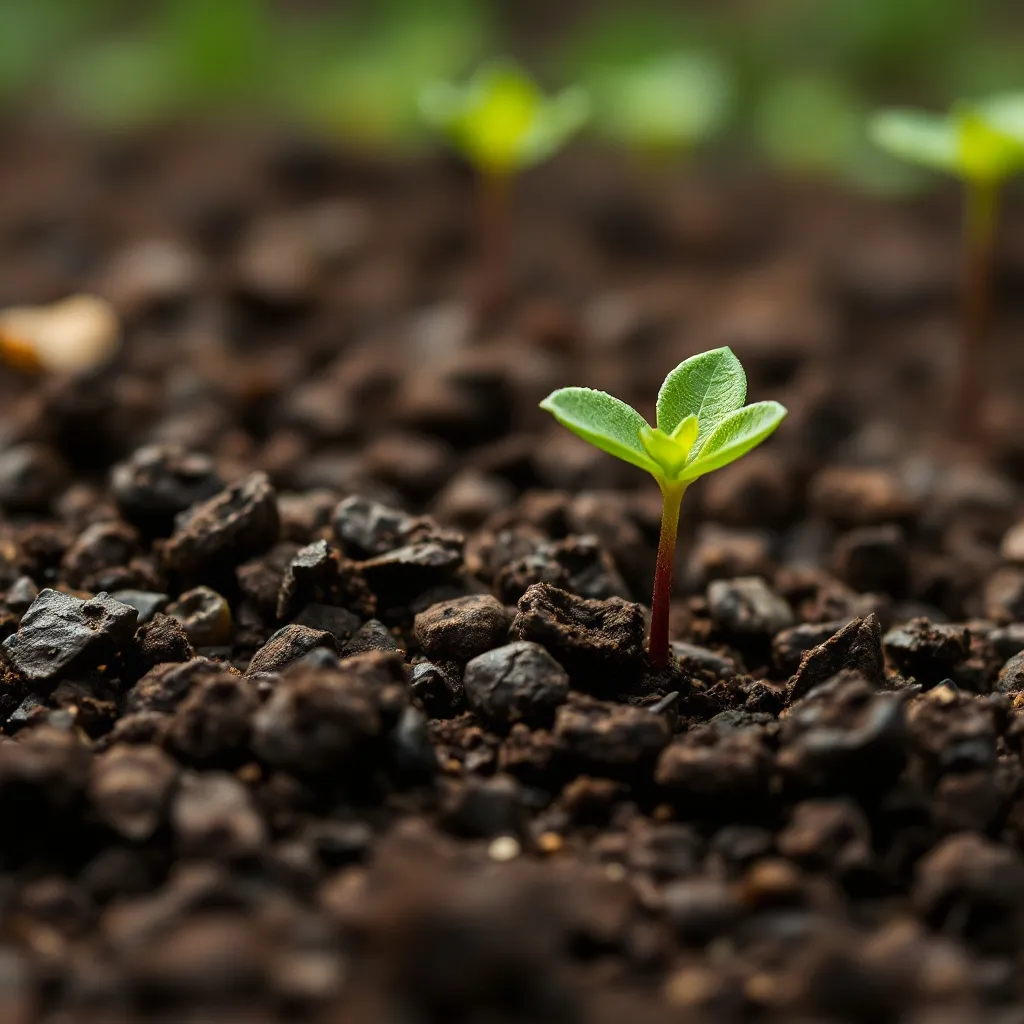 Close up of rich dark fertile soil with a small green sprout