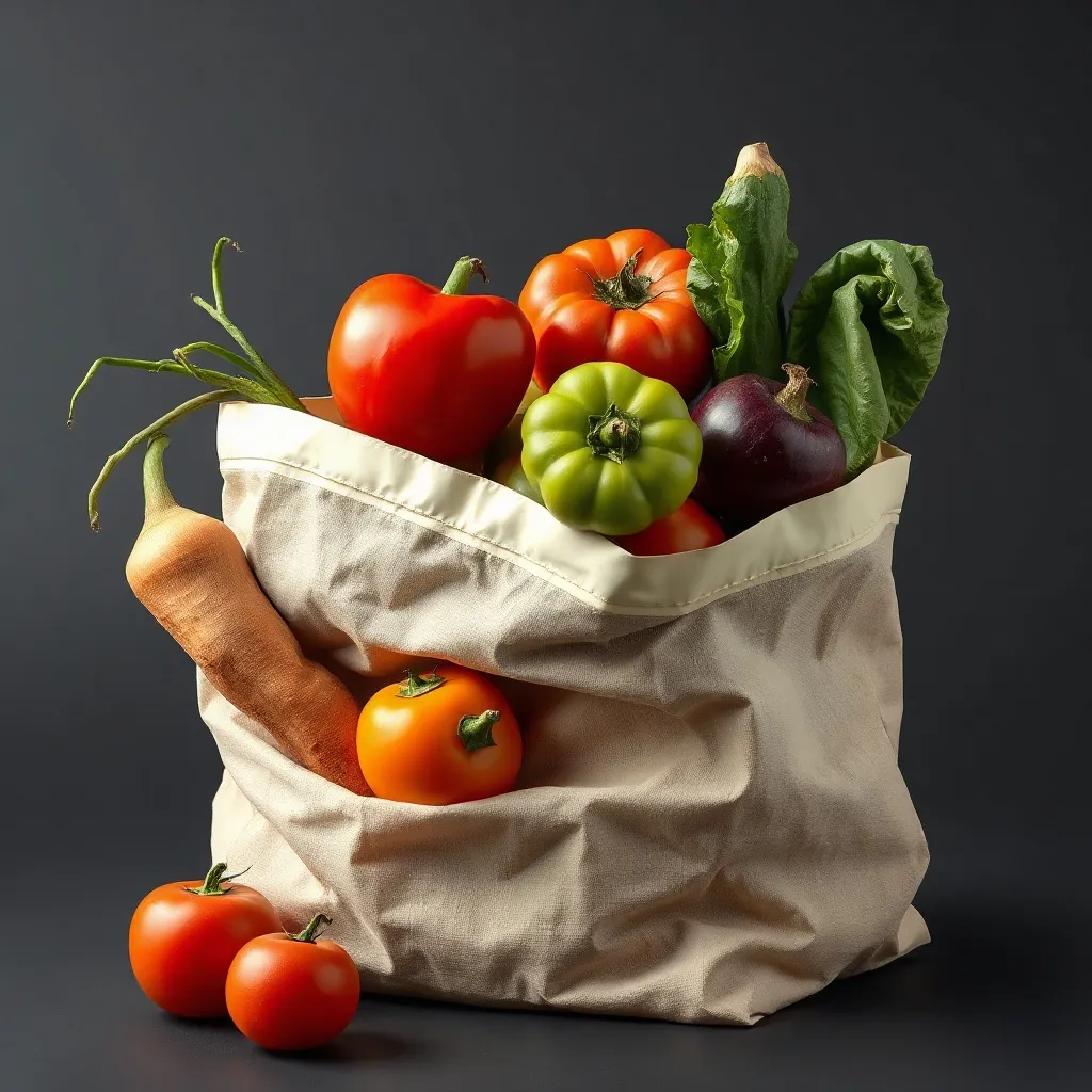 Minimalist composition of fresh vegetables in a reusable bag